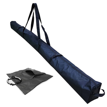 This image showcases a navy - blue carrying bag designed for backdrop stands, ideal for photography and event decor. The bag features sturdy carrying straps and a zipper running along its length, ensuring easy access. Additionally, there is a smaller black accessory bag with a handle and a transparent section, likely for storing smaller items related to the backdrop stand. The setup emphasizes convenience and protection for transporting backdrop equipment. 