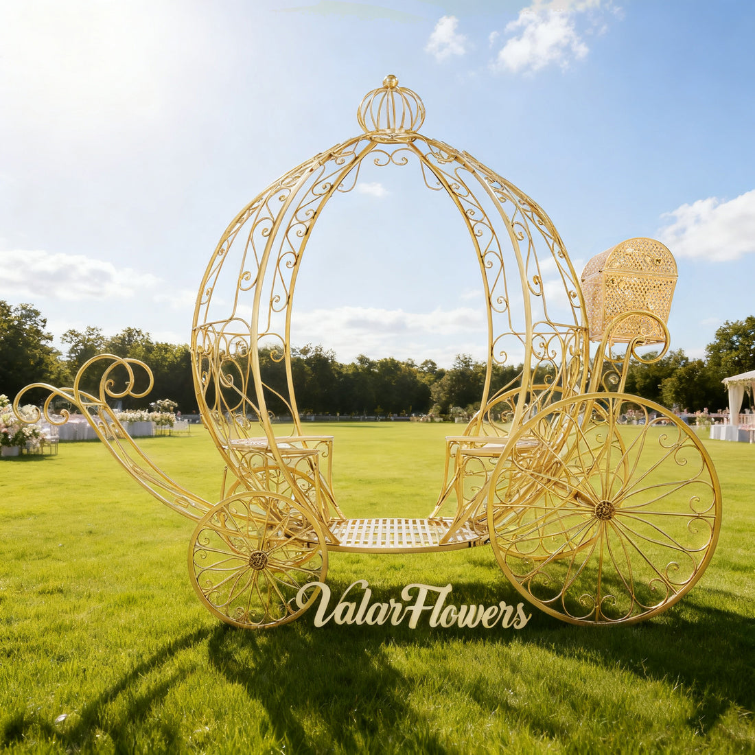This image showcases a decorative gold carriage with intricate, swirling metalwork, evoking a fairy - tale charm. It sits on a lush grassy field under a bright blue sky with scattered clouds. The “ValarFlowers” branding is prominently displayed, and in the background, there are event setups with tables and floral decorations, creating an elegant, whimsical atmosphere perfect for special occasions.