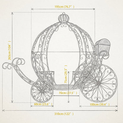 This technical line drawing details the dimensions of an ornate Cinderella-style wrought iron carriage, with a 310cm (122") overall length, 265cm (104") height, and 195cm (76.7") width. It features intricate scrollwork, a pumpkin-shaped dome, 60cm (23.6") and 100cm (39.4") wheels, and a 75cm (29.5") seat height, ideal for wedding backdrops, photo booths, garden decor, and luxury event styling, showcasing durable, decorative metal construction for fairy-tale event displays.