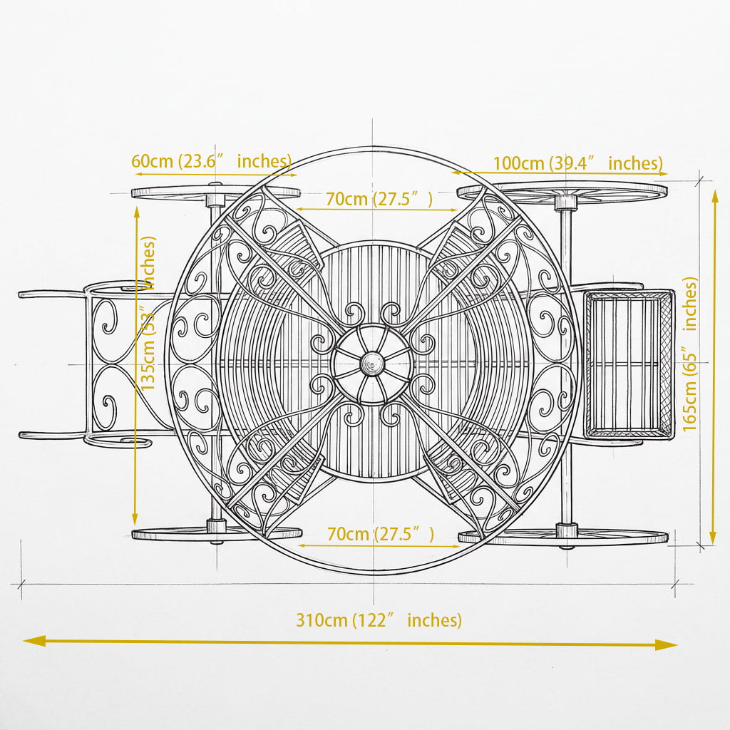 This technical line drawing details the dimensions of an ornate, vintage-style round metal patio furniture set, with a 310cm (122") overall length, 165cm (65") height, and 70cm (27.5") table diameter. It features scrollwork detailing, 60cm (23.6") table tops, and 135cm (53") armrests, ideal for outdoor garden, patio, and backyard decor, showcasing durable wrought-iron construction for luxury outdoor living.