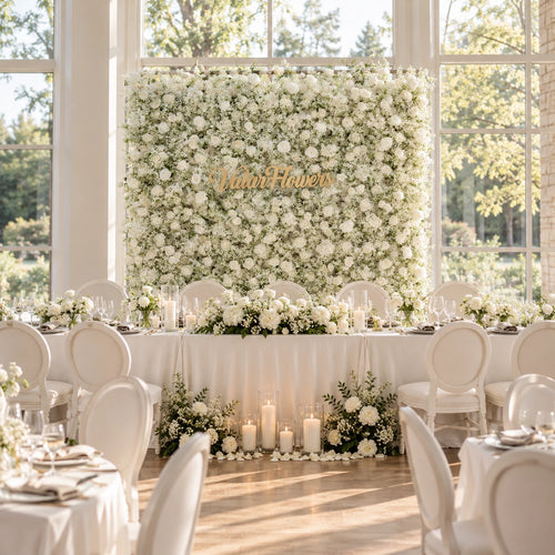 Luxury all-white baby’s breath and rose flower wall backdrop with elegant gold “ValarFlowers” signage for a wedding head table. Bright sunlit venue with floor-to-ceiling windows, ivory linen tables, white dining chairs, lush floral arrangements and glowing pillar candles. This timeless neutral floral setup works for wedding receptions, bridal events, brand photoshoots and classic minimalist wedding decor inspiration.