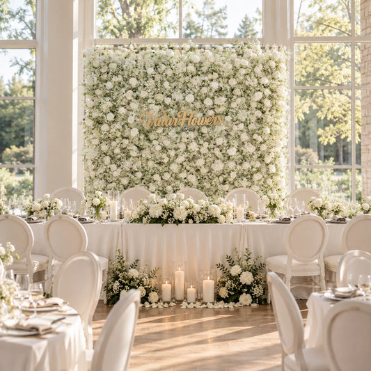 Luxury all-white baby’s breath and rose flower wall backdrop with elegant gold “ValarFlowers” signage for a wedding head table. Bright sunlit venue with floor-to-ceiling windows, ivory linen tables, white dining chairs, lush floral arrangements and glowing pillar candles. This timeless neutral floral setup works for wedding receptions, bridal events, brand photoshoots and classic minimalist wedding decor inspiration.