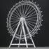 A large, white metal Ferris wheel decoration stands against a black backdrop. It features an intricate, geometric lattice design with circular spokes and small spheres. The triangular stand provides stability, showcasing a sleek, minimalist aesthetic, perfect for decorative event setups. 
