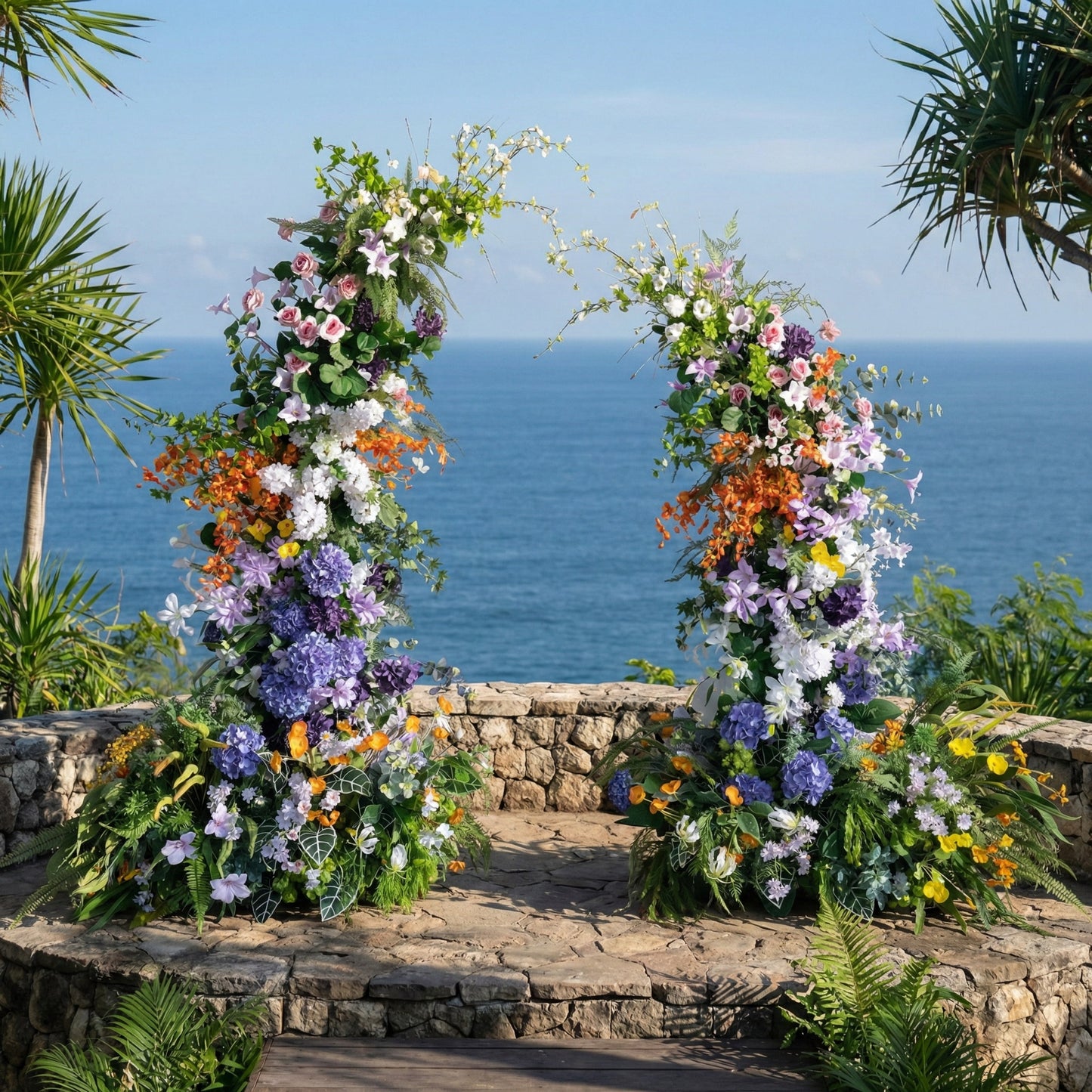 This stunning coastal floral arch from Valar Flowers is a lush, multi-colored tapestry of blooms—including blue hydrangeas, white orchids, pink roses, and orange accents—interwoven with vibrant green foliage. Set against a backdrop of deep blue ocean and tropical palm trees, the design evokes a fresh, romantic, and naturally elegant atmosphere ideal for beach weddings, engagement photoshoots, or elegant outdoor celebrations.