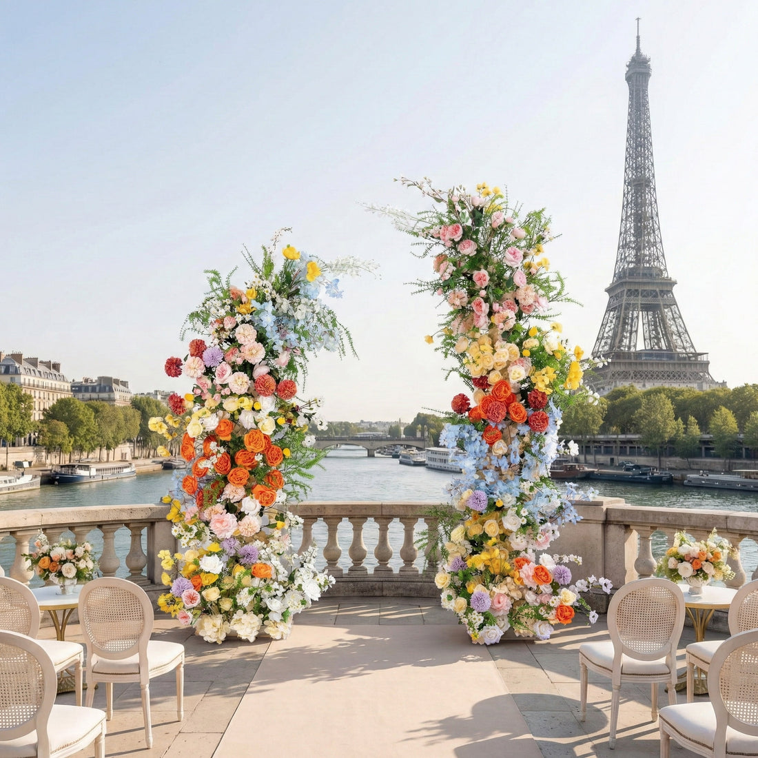 This is a stunning, asymmetrical floral arch from **Valar Flowers**, adorned with a vibrant mix of pink, white, yellow, orange, red, and blue blooms, complemented by lush greenery. Set on a Parisian riverside terrace with the iconic Eiffel Tower in the background, it creates a romantic, elegant, and picturesque setting ideal for wedding ceremonies, photo shoots, or special events.