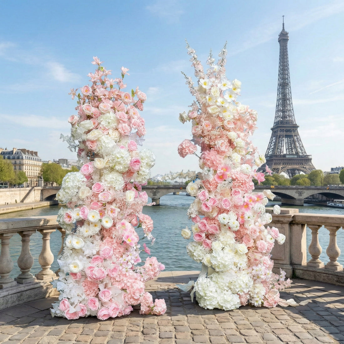 An elegant asymmetrical floral arch from **Valar Flowers**, featuring a soft gradient of blush pink and pure white blooms, including roses and hydrangeas. Set on a Parisian stone terrace with the Eiffel Tower and Seine River in the background, it creates a dreamy, romantic backdrop perfect for luxury weddings and editorial photo shoots.