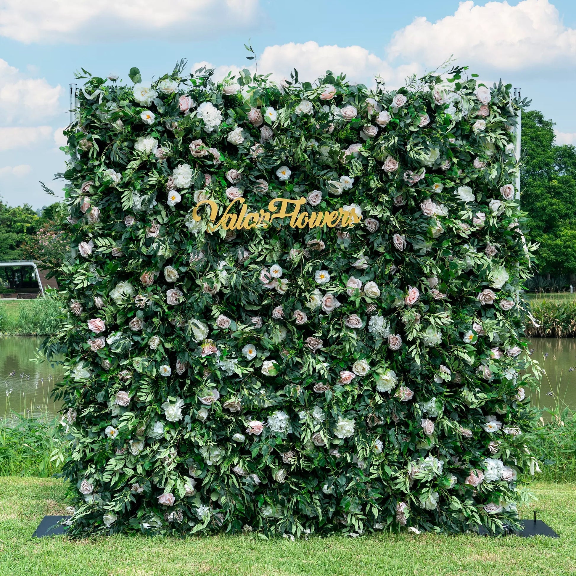 Valar Flowers 3D green lush and deluxe floral wall featuring a premium arrangement of dense silk roses, artificial ferns, and mixed greenery in rich emerald and forest green tones, perfect for garden-themed weddings, events, and stunning photo backdrops.