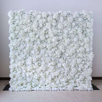 Valar Flowers premium all-white artificial flower wall backdrop featuring a dense array of lush silk roses and delicate filler blossoms, creating a three-dimensional textured appearance ideal for wedding ceremonies, receptions, and professional photography.