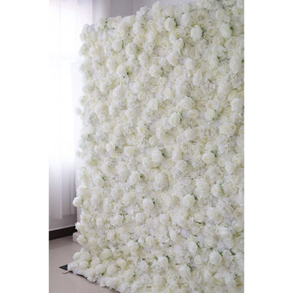 Valar Flowers premium all-white artificial flower wall backdrop featuring a dense arrangement of lush silk roses, hydrangeas, and carnations in an elegant monochromatic ivory palette, perfect for luxury wedding decor and event photo booth backgrounds.