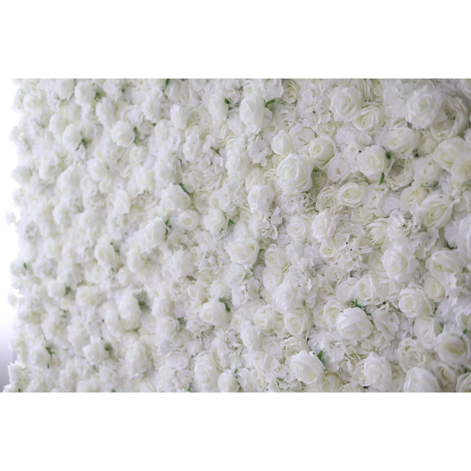 Valar Flowers premium all-white artificial flower wall backdrop featuring a dense arrangement of lush silk roses, hydrangeas, and carnations in an elegant monochromatic ivory palette, perfect for luxury wedding decor and event photo booth backgrounds.