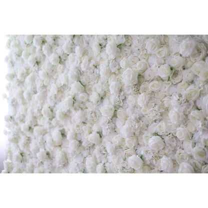 Valar Flowers premium all-white artificial flower wall backdrop featuring a dense arrangement of lush silk roses, hydrangeas, and carnations in an elegant monochromatic ivory palette, perfect for luxury wedding decor and event photo booth backgrounds.