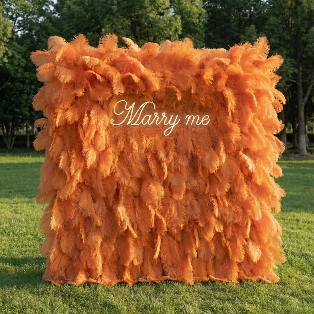 This vibrant backdrop (set on sunlit grass, tree backdrop) is draped in lush, layered burnt-orange ostrich feathers, with warm gradients from bright tangerine to deep amber. A glowing cursive “Marry me” sign anchors the center, its soft light contrasting vividly with the plush, fiery plumage. Natural sunlight amplifies the feathery texture’s depth, merging bold, energetic hues with heartfelt warmth to create a striking, passionate focal point—ideal for lively proposals or vibrant outdoor celebrations.