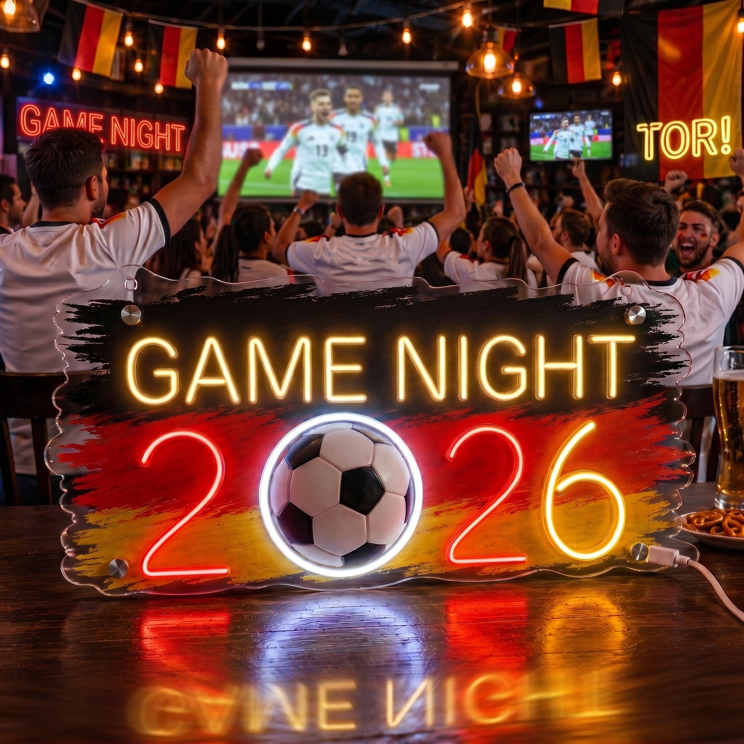 ValarDesigns custom LED neon sign Game Night 2026 soccer bar decor, red and gold design
