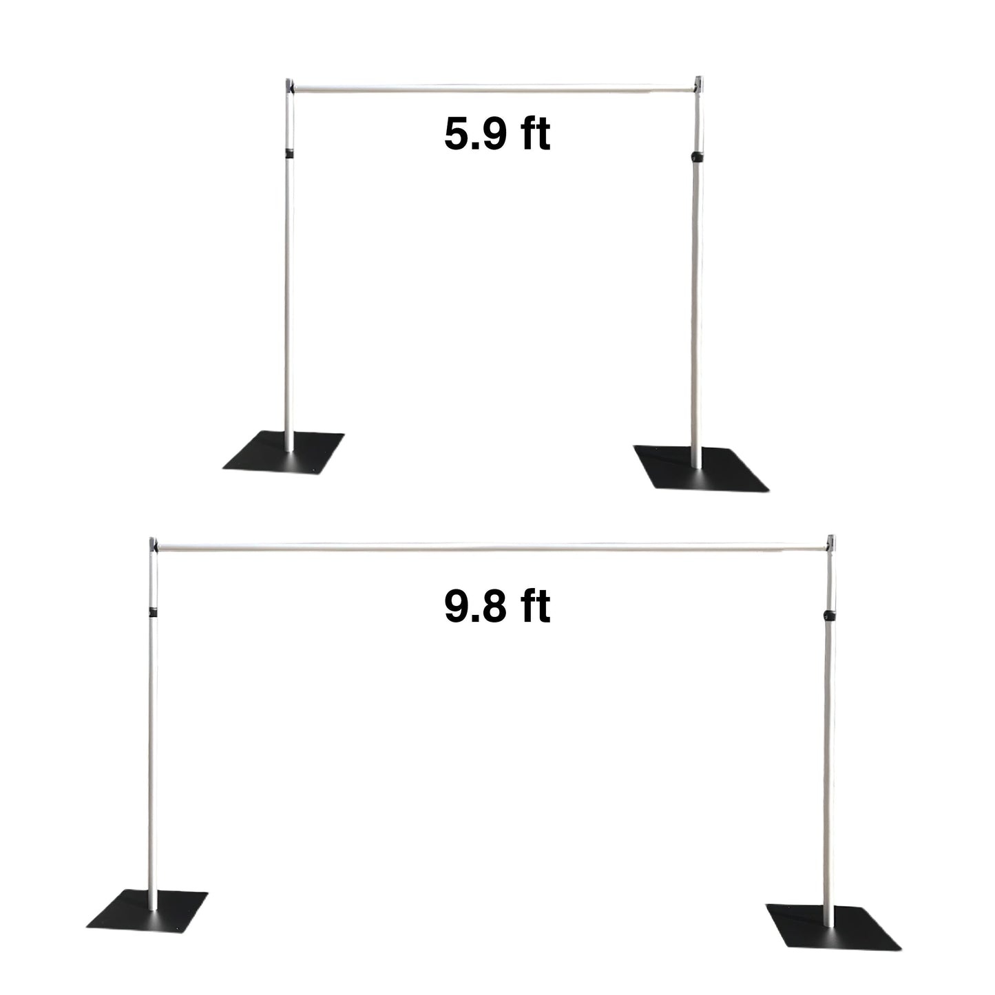 The image displays two metal bar structures with black bases. One has a cross - bar length of 5.9 ft and the other 9.8 ft. They are simple, industrial - looking frameworks, likely for various display or support uses. 