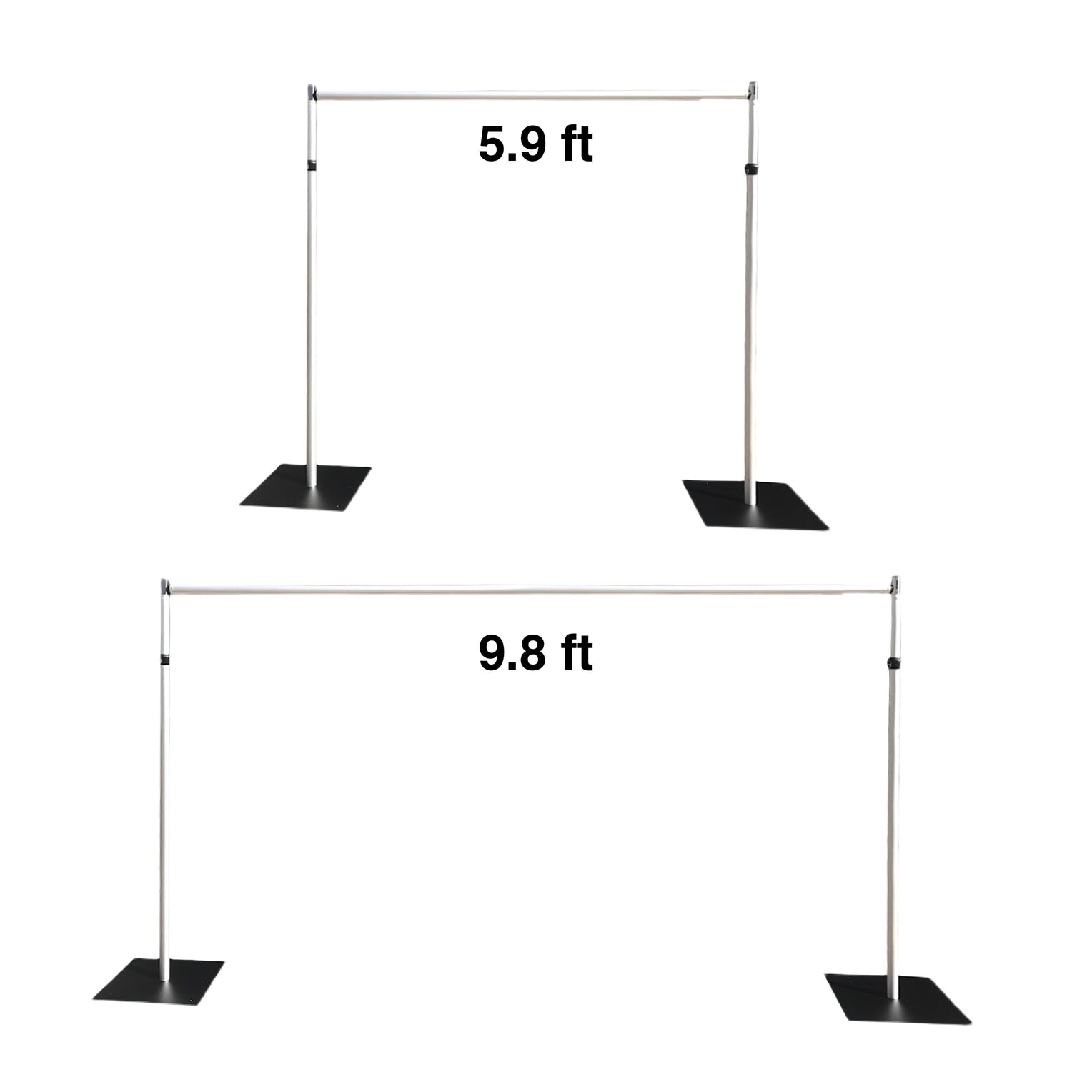 The image displays two metal bar structures with black bases. One has a cross - bar length of 5.9 ft and the other 9.8 ft. They are simple, industrial - looking frameworks, likely for various display or support uses. 