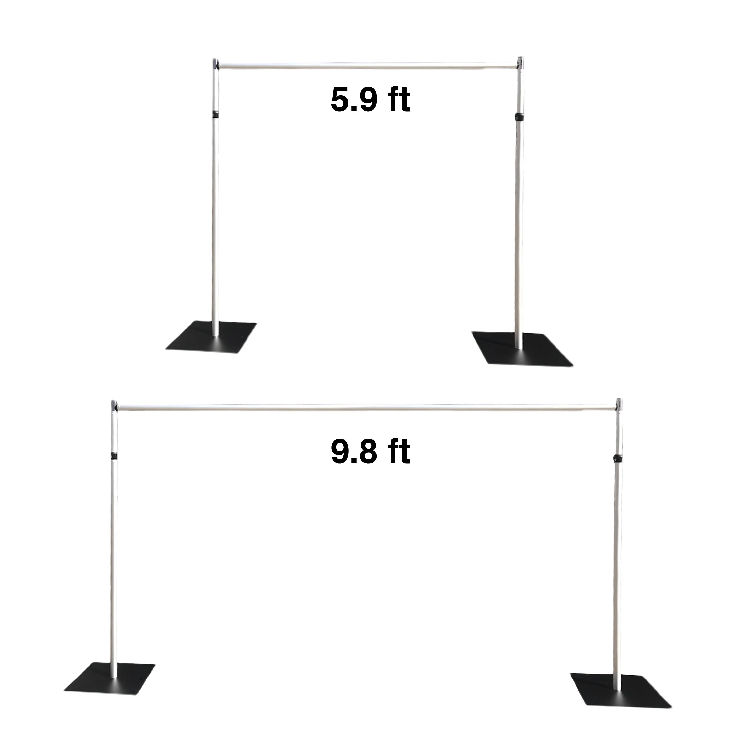 The image displays two metal bar structures with black bases. One has a cross - bar length of 5.9 ft and the other 9.8 ft. They are simple, industrial - looking frameworks, likely for various display or support uses. 
