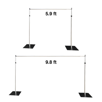 The image displays two metal bar structures with black bases. One has a cross - bar length of 5.9 ft and the other 9.8 ft. They are simple, industrial - looking frameworks, likely for various display or support uses. 