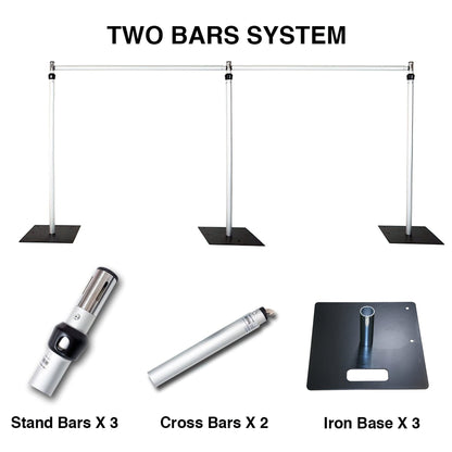 The image shows a &quot;TWO BARS SYSTEM&quot; with its components labeled. It includes three stand bars, two cross bars, and three iron bases. The setup appears to be a modular framework, likely for supporting decorative elements. 