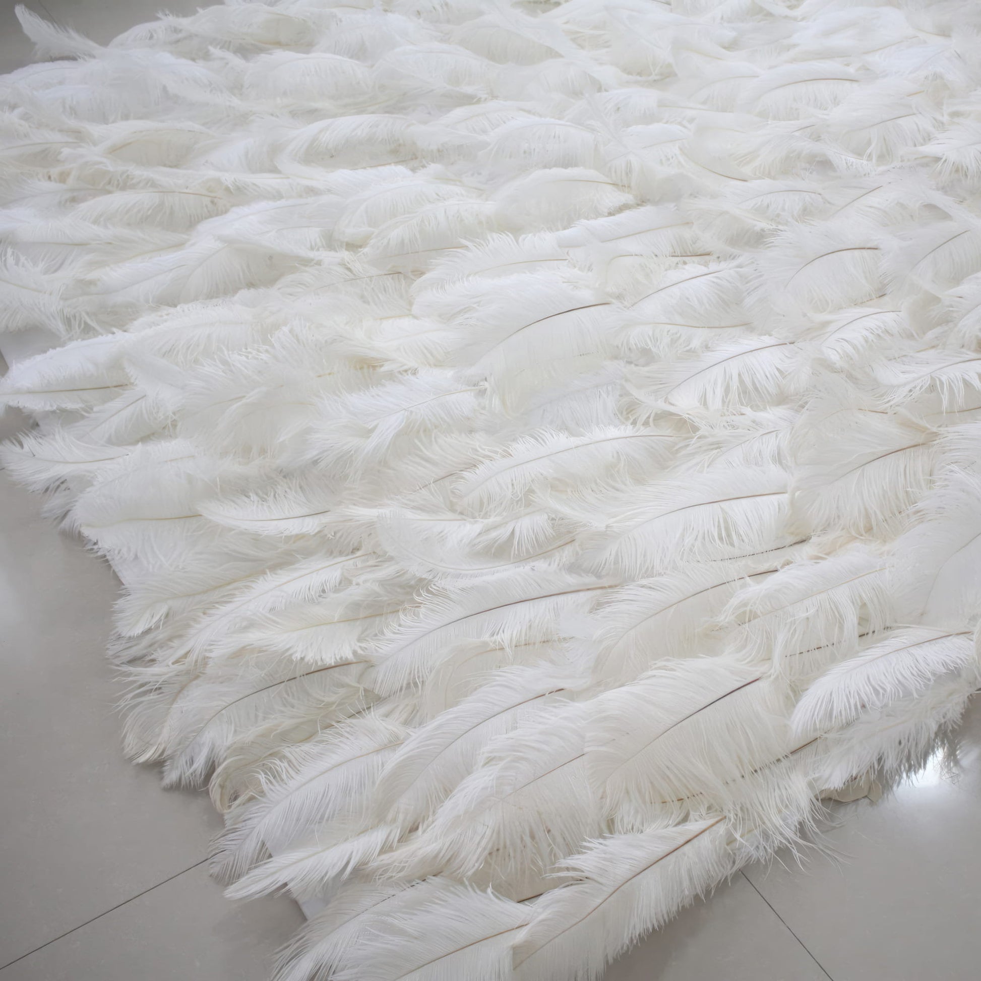 This image showcases a luxurious white feather backdrop by Valar Flowers. Densely packed with soft, pristine white feathers, it creates a plush, ethereal, and elegant display. The feathers' delicate texture and uniform white hue exude a sense of purity and sophistication, making it perfect for adding a touch of glamour to events or as a stunning decorative element, with the smooth, light - colored floor enhancing its refined appeal.