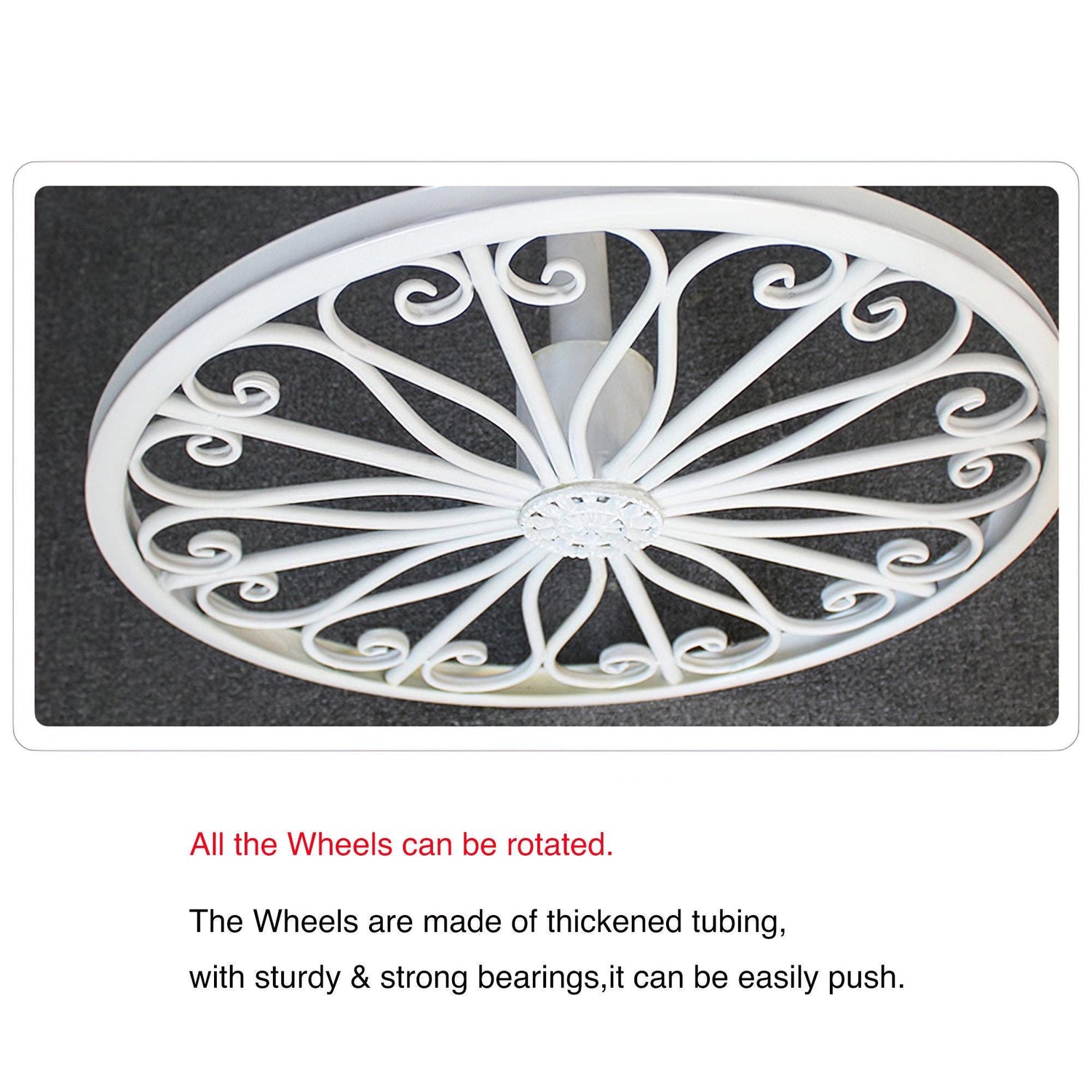 A white, rotatable wheel from ValarFlowers, made of thickened tubing with sturdy bearings, ideal for decorative carriages or props.