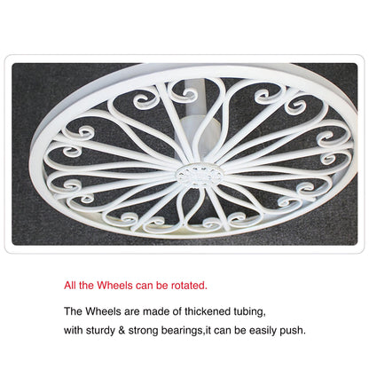 A white, rotatable wheel from ValarFlowers, made of thickened tubing with sturdy bearings, ideal for decorative carriages or props.