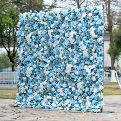 This backdrop is adorned with a dense arrangement of blue and white roses, creating a visually captivating display. The cool - toned flowers exude a serene and elegant charm. Ideal for weddings, galas, or high - end corporate events, it complements themes of sophistication and modern romance. Set outdoors, it adds a touch of natural beauty, making it a stunning focal point for any special occasion. 