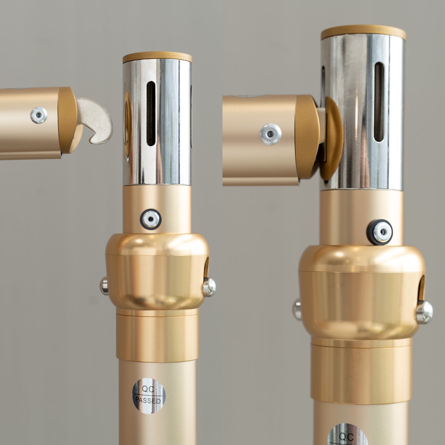 This image showcases a golden - colored metal structure with detailed components. It features close - up views of joints and connectors. The left side shows a curved attachment piece separating from a vertical pole, while the right side depicts the attachment piece connected to the pole. There are screws and metallic elements, with a "QC PASSED" label on the pole, indicating quality control approval. 