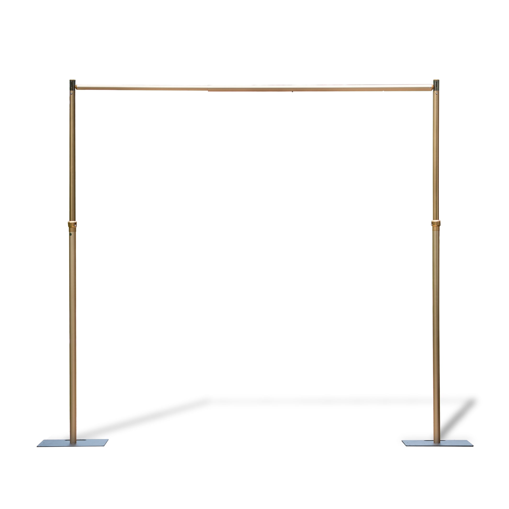 This image features an adjustable - size golden backdrop stand. It consists of two vertical poles connected by a horizontal bar at the top. The vertical poles have adjustable sections, indicated by the presence of connectors, which allow for height modification. The stand is supported by flat, rectangular base plates, providing stability. The golden finish gives it an elegant appearance, making it suitable for events like weddings or photography setups. 