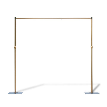 This image features an adjustable - size golden backdrop stand. It consists of two vertical poles connected by a horizontal bar at the top. The vertical poles have adjustable sections, indicated by the presence of connectors, which allow for height modification. The stand is supported by flat, rectangular base plates, providing stability. The golden finish gives it an elegant appearance, making it suitable for events like weddings or photography setups. 
