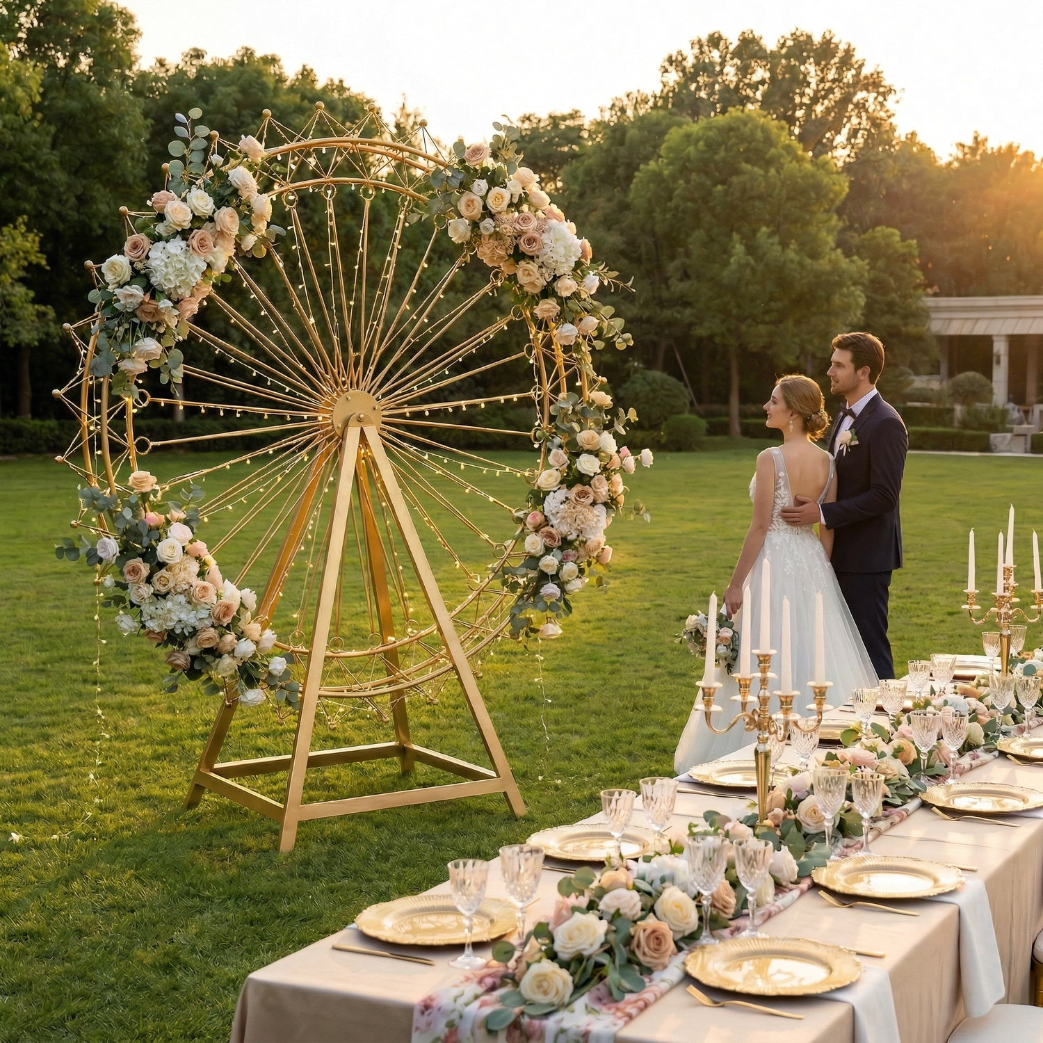 This Valar Flowers golden Ferris wheel decor is a whimsical, elegant prop crafted with an ornate metal frame, adorned with cascading blush pink/white roses, eucalyptus, and delicate fairy lights. Set against a sunlit lawn, it serves as a romantic focal point for outdoor weddings, receptions, and luxury photo shoots.