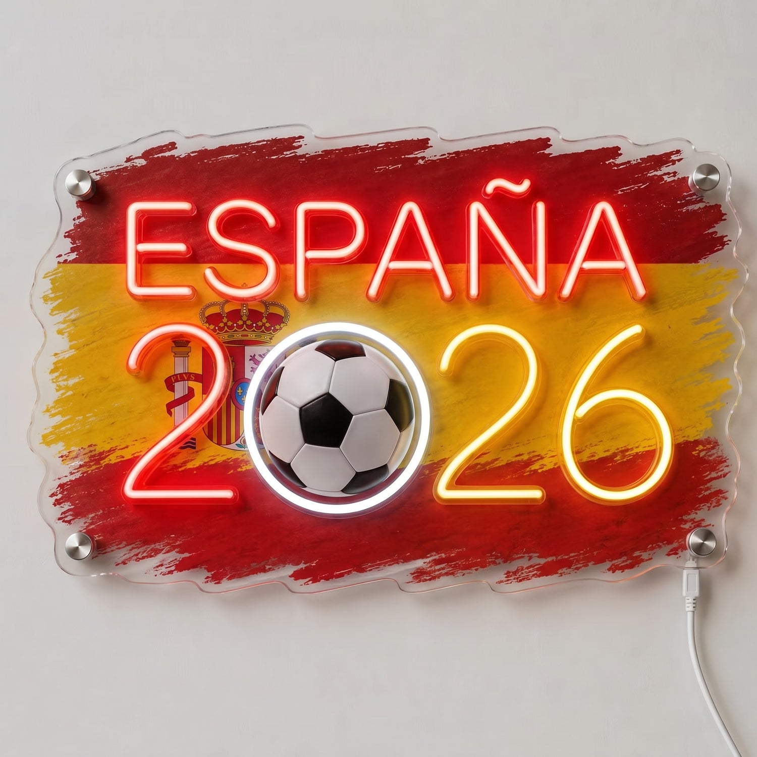 ValarDesigns Spain LED neon sign Espana 2026 flag graffiti, bright red-yellow neon with soccer ball