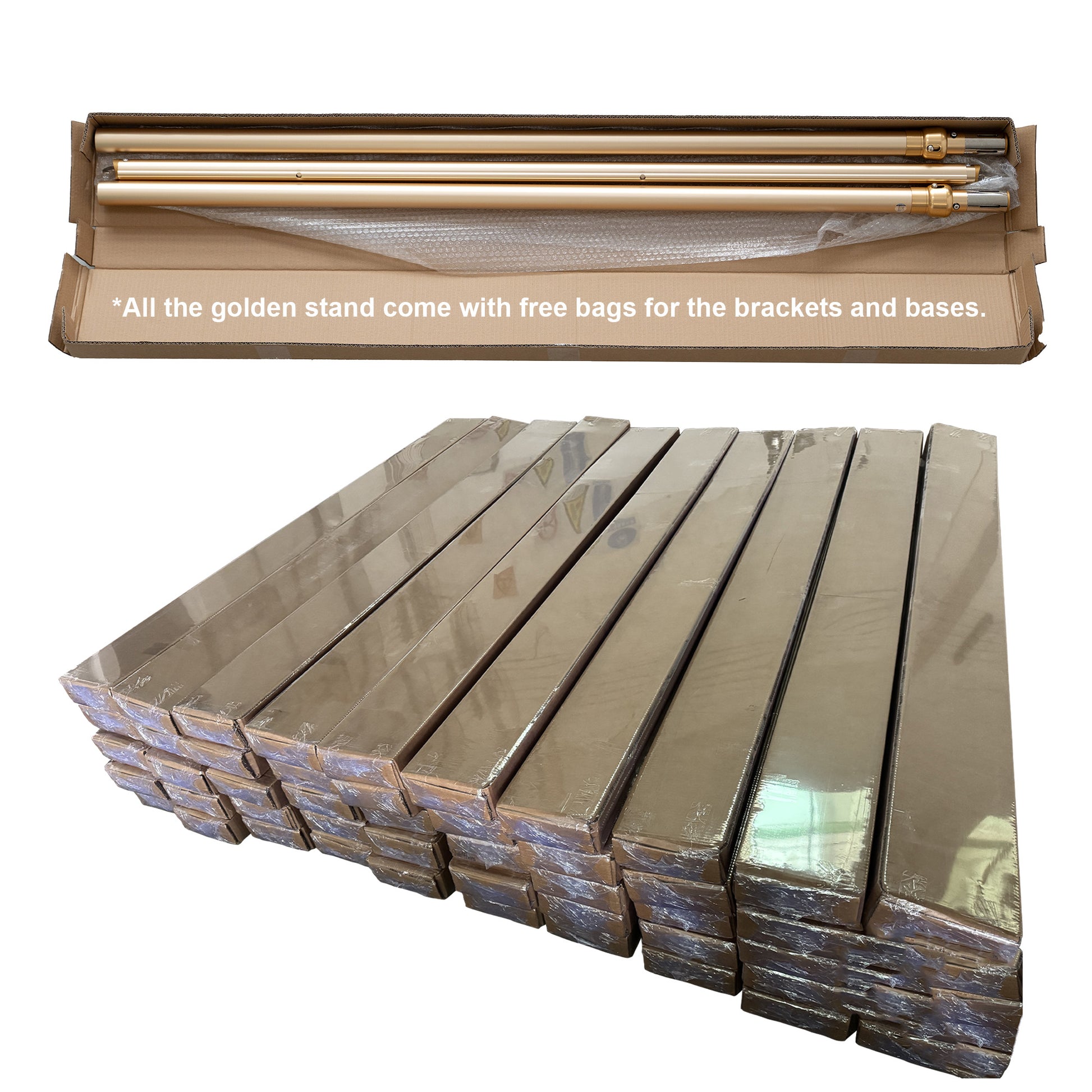 The image from Valarflowers shows two sections. At the top, a cardboard box is open, revealing golden - colored metal poles, likely parts of a backdrop stand, cushioned with bubble wrap. A text note states that all golden stands come with free bags for brackets and bases. The bottom section displays a stack of cardboard - packaged items, likely more stands or related components, wrapped in plastic film. 