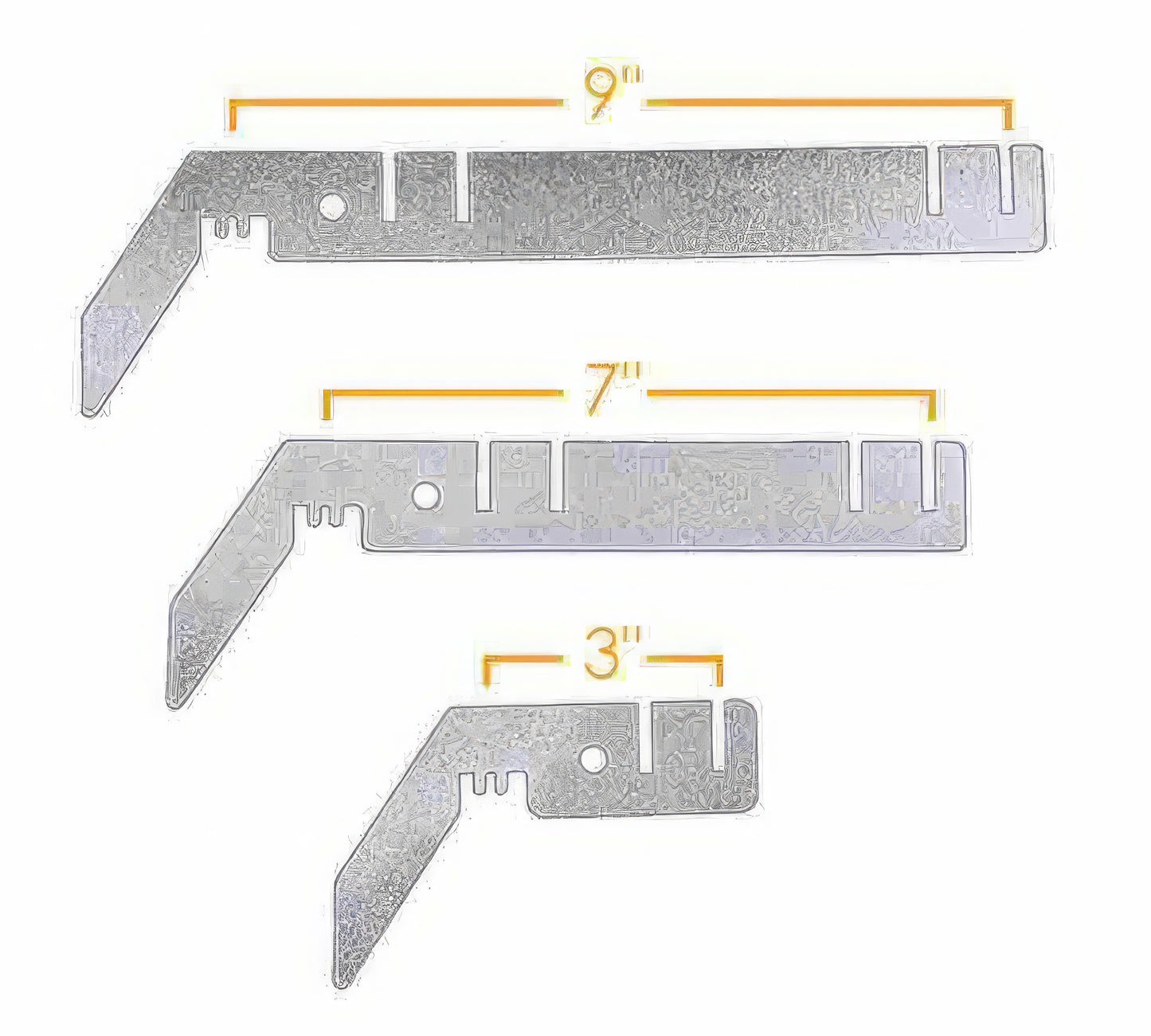 The image shows three metal brackets with different lengths marked by orange lines and gold - colored numbers. The lengths indicated are 9 inches, 7 inches, and 3 inches respectively. These brackets appear to be made of metal with a textured surface, and they have holes and slots, which might be used for connecting or adjusting parts of a structure, possibly related to the backdrop stands or similar equipment shown in previous images. 