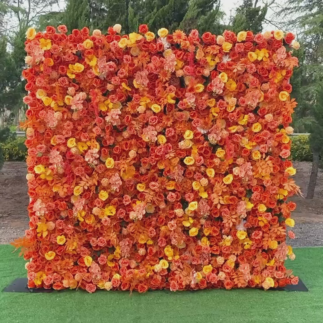 Stunning Orange - Hued Artificial  Roses and Orchids Flower Wall by ValarFlowers: A Burst of Warmth for Your Events -VF-812