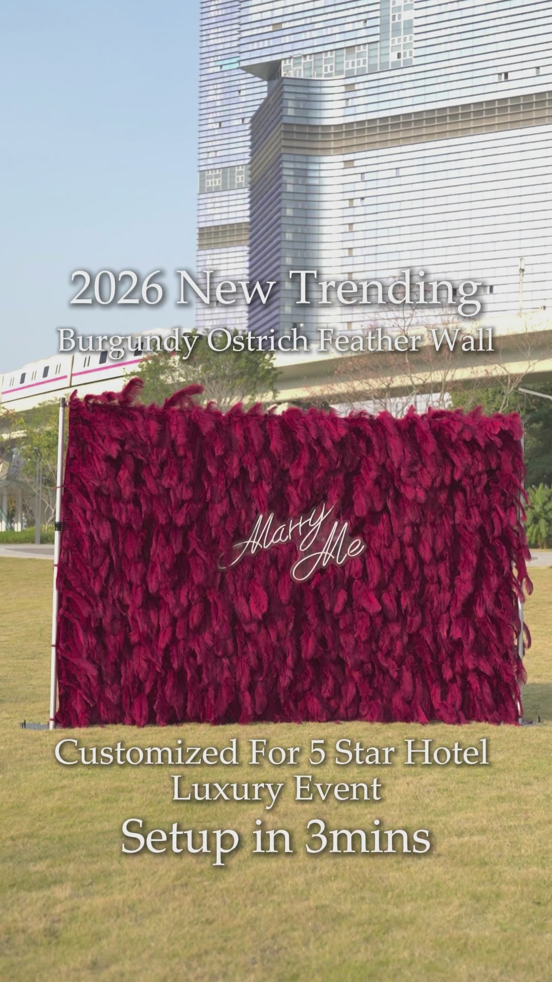 Setup process of how to install the Burgundy Ostrich Feather Wall in 3 mins