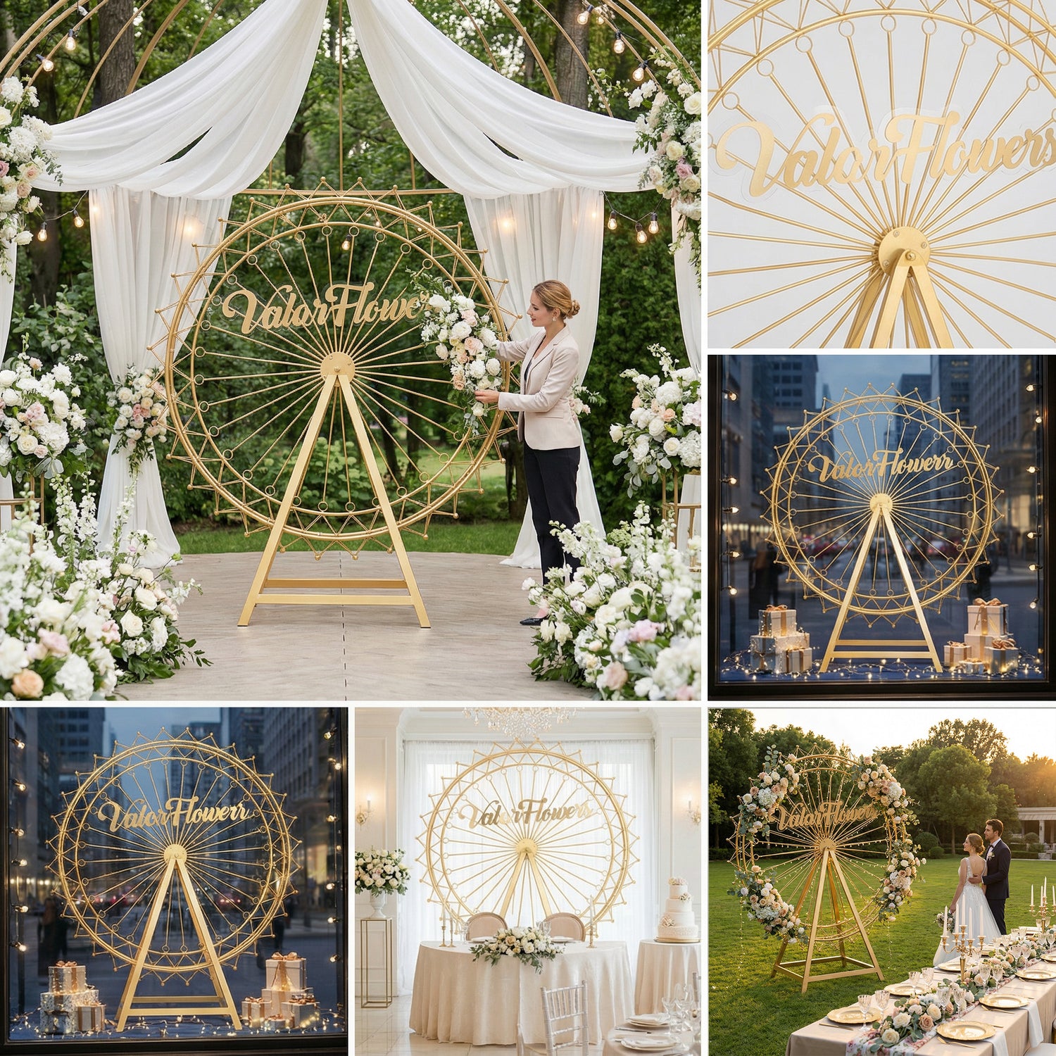 This Valar Flowers golden Ferris wheel decor is a versatile, elegant prop crafted from ornate metal, customizable with blush pink/white roses and greenery. It works seamlessly for indoor/outdoor events—from wedding arches and window displays to photo booths—adding a whimsical, romantic focal point to any celebration.