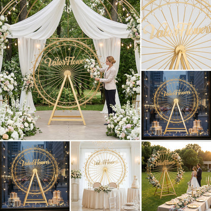 This Valar Flowers golden Ferris wheel decor is a versatile, elegant prop crafted from ornate metal, customizable with blush pink/white roses and greenery. It works seamlessly for indoor/outdoor events—from wedding arches and window displays to photo booths—adding a whimsical, romantic focal point to any celebration.