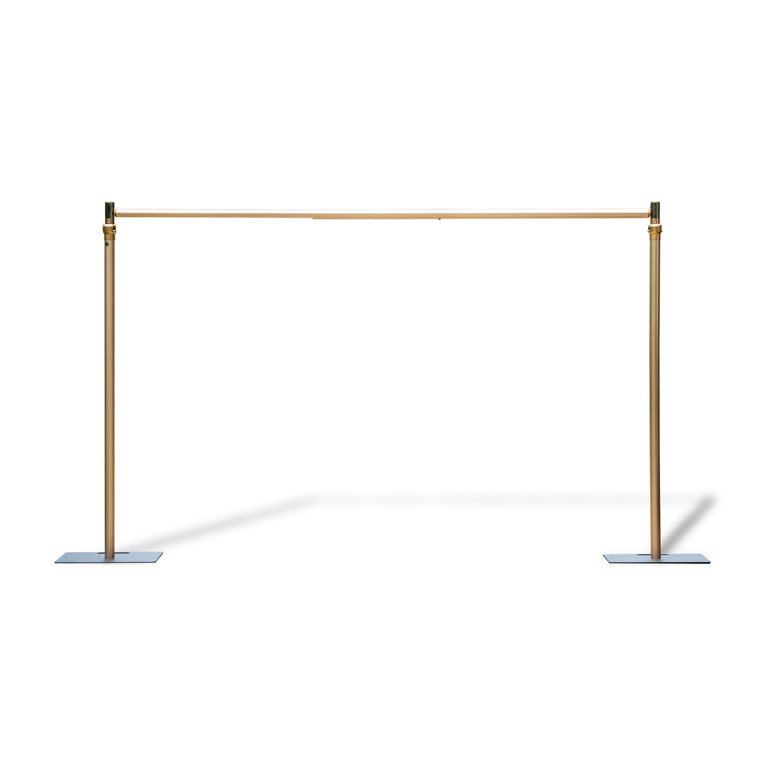 This image depicts a golden - colored backdrop stand. The stand consists of two vertical poles, each attached to a flat rectangular base for stability. A horizontal pole connects the tops of the vertical poles, forming a rectangular frame. The stand appears to be adjustable, as indicated by the connectors on the vertical poles, allowing for height modifications. It has a sleek and elegant design, suitable for various events or photography setups.