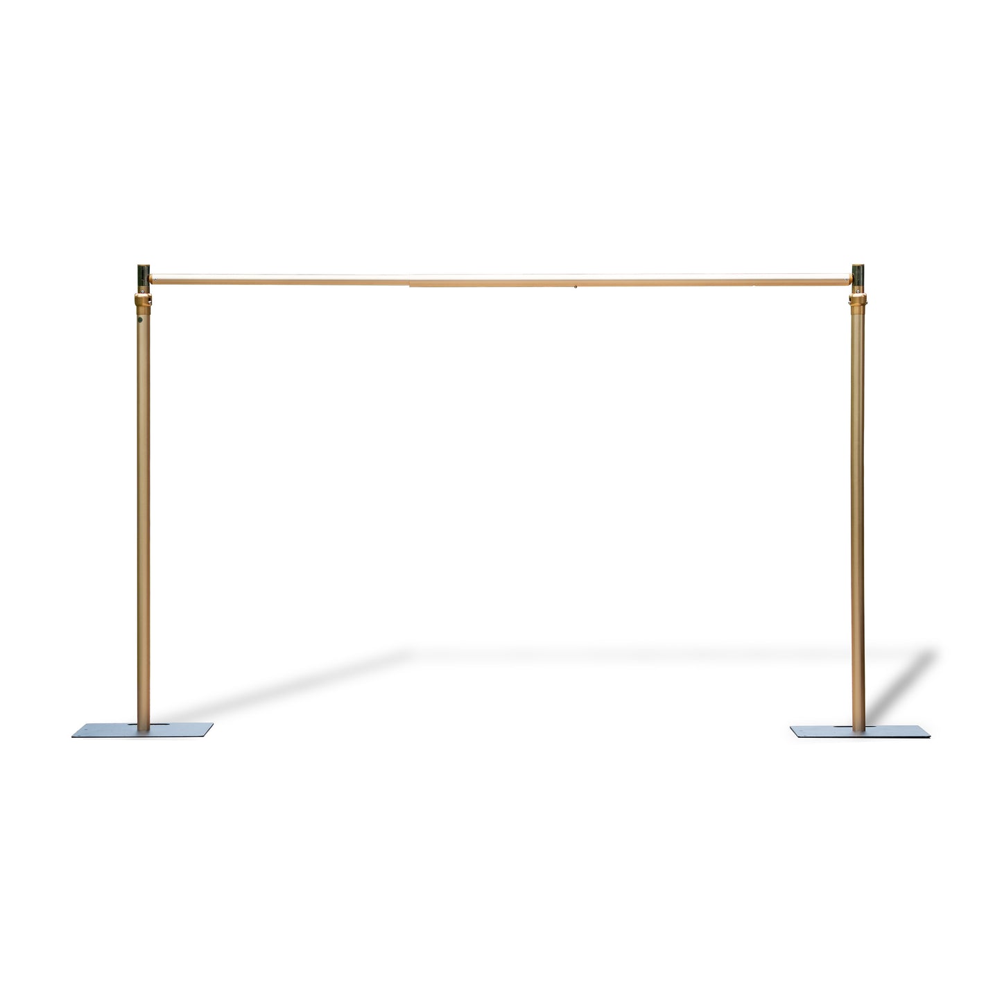 This image depicts a golden - colored backdrop stand. The stand consists of two vertical poles, each attached to a flat rectangular base for stability. A horizontal pole connects the tops of the vertical poles, forming a rectangular frame. The stand appears to be adjustable, as indicated by the connectors on the vertical poles, allowing for height modifications. It has a sleek and elegant design, suitable for various events or photography setups. 