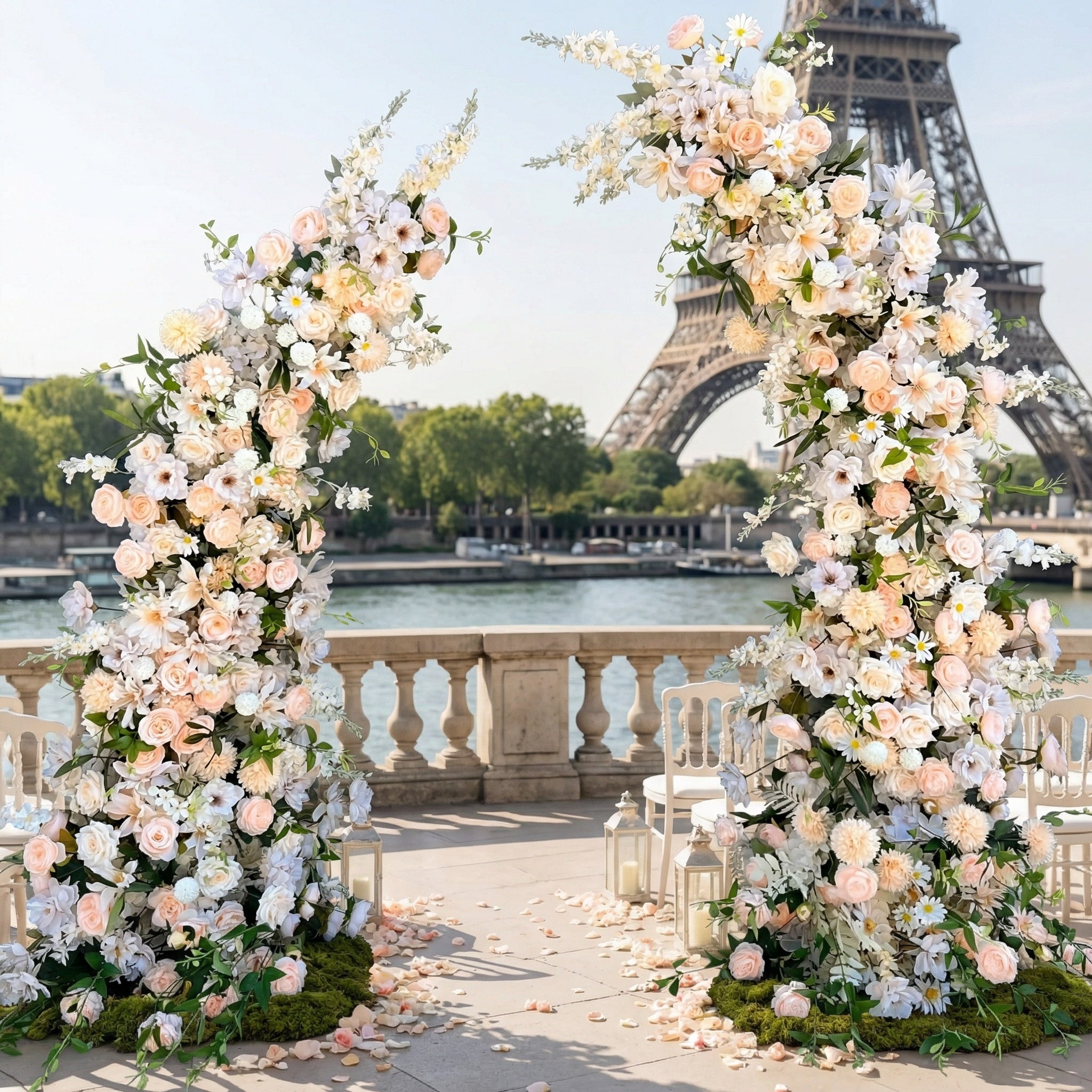 A romantic, asymmetrical floral arch from Valar Flowers, crafted with a soft, warm palette of blush pink, peach, and creamy white blooms—including roses, peonies, and delicate foliage—set against a Parisian riverside terrace with the iconic Eiffel Tower in the background. Scattered rose petals and elegant white chairs enhance the dreamy, sophisticated atmosphere, perfect for luxury weddings and editorial photoshoots.