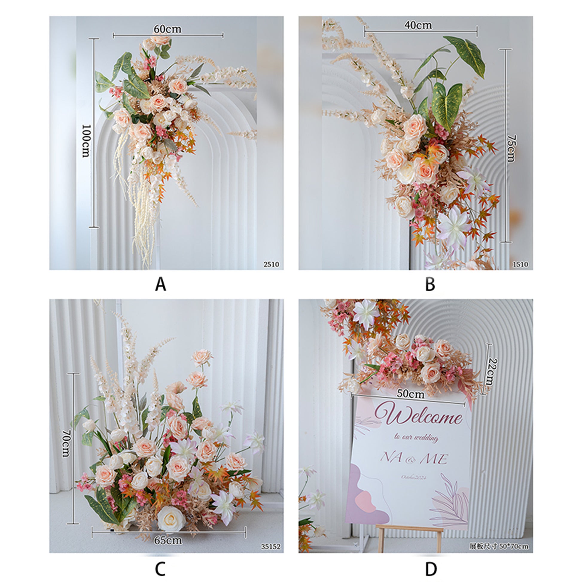 The image shows four sections of a wedding - themed floral decor with dimensions. There are artificial flower arrangements in soft colors like peach and pink, along with a "Welcome" sign, on an arched structure. 