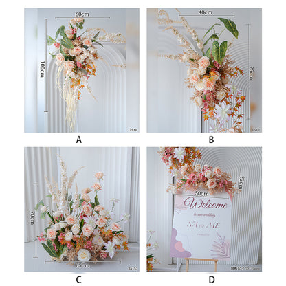 The image shows four sections of a wedding - themed floral decor with dimensions. There are artificial flower arrangements in soft colors like peach and pink, along with a &quot;Welcome&quot; sign, on an arched structure. 